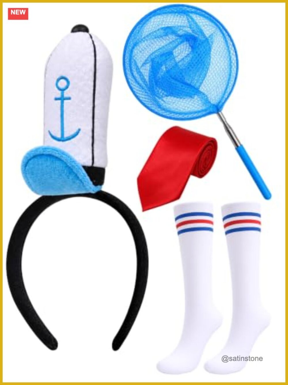 Adult Sailor Costume Set: Hat Headband, Tie, Socks & Fishing Net, Halloween